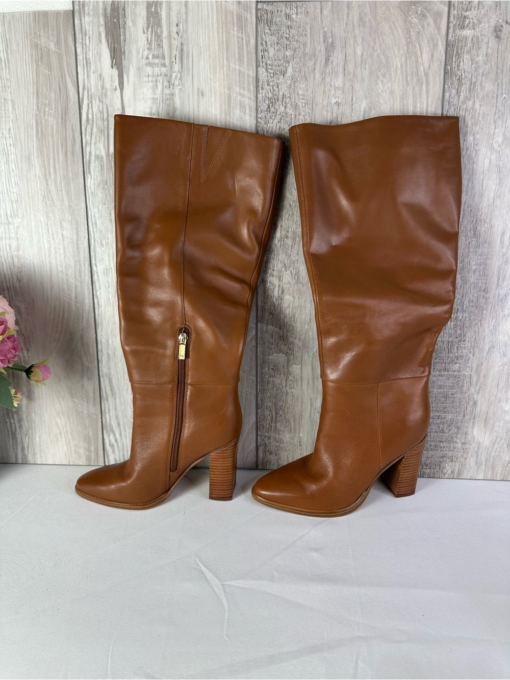 Marc Fisher Tall Tan Leather Knee-High Boots with Block Heel -6.5